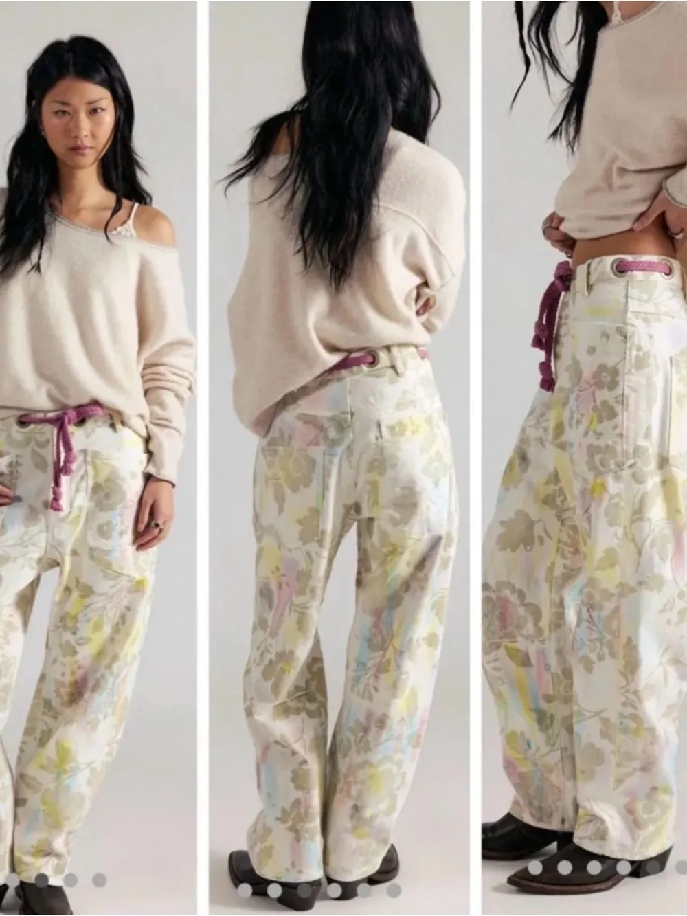 Free People Moxie Printed Flocked Barrel Jeans in Ivory Floral Combo SZ 28 - Picture 1 of 2